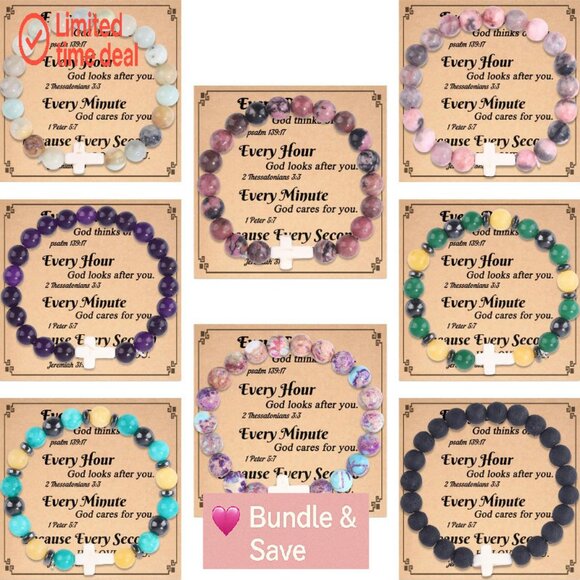 8-Piece Natural Stone Cross Bracelet Set, Stretch Fit, Christian Jewelry - Picture 1 of 8